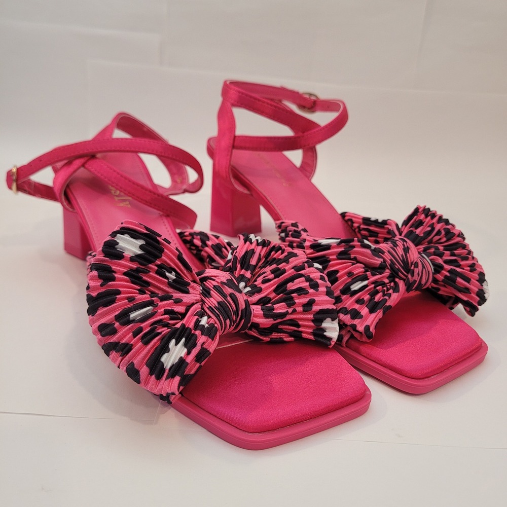 Sexrosly Block Heel Sandals Womens 9 Pink Leopard Bow Ankle Strap New